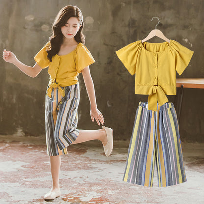 Children's Clothing Girls' Suits Korean Children's Summer Clothes New Fashion Striped Wide-Leg Pants Two-Piece Suit Big Kids Trend