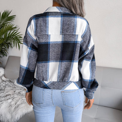 Plaid Lapel Cropped Jacket Fashion Loose Button Long Sleeve Short Outwear Tops Coat For Womens Clothing